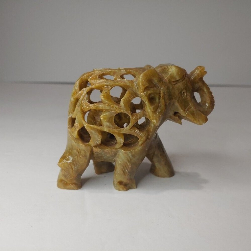 Vintage Hand Craved Jali Soapstone Mother Elephant Sculpture W/ Baby Inside 3"